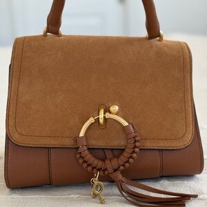 Chloé Two-Tone Brown Suede & Leather Top-Handle Satchel with Gold Ring